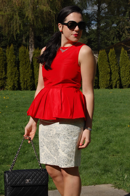 Tibi red peplum Forever 21 brocade pencil skirt, Chanel quilted handbag and Gucci patent pumps