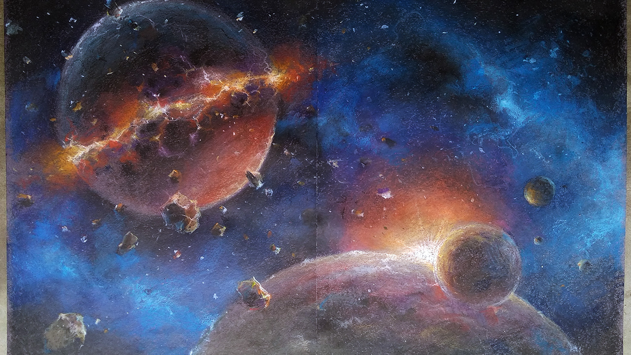 Cosmic scenery oil pastel painting tutorial