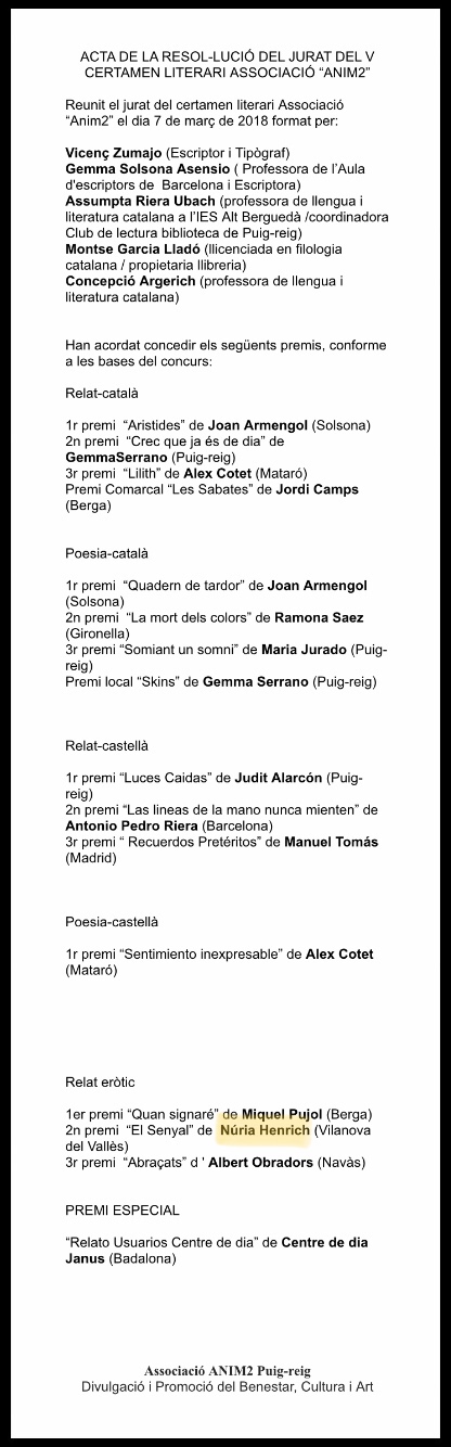 2on PREMI Certamen Literari Associació "anim2"