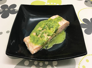 Steamed salmon with basil sauce