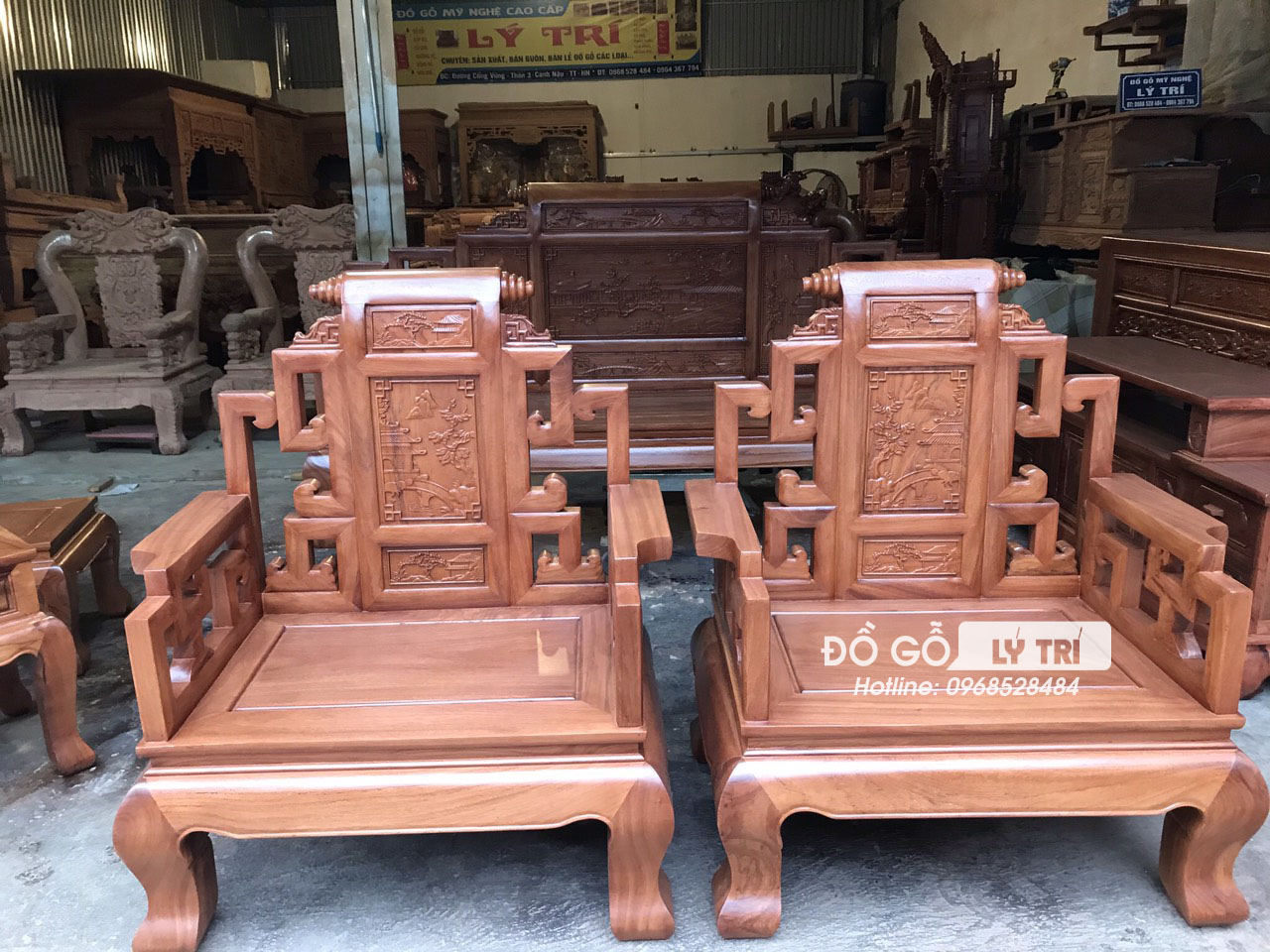 Bộ ghế Sơn thủy gỗ gõ đỏ tay 12