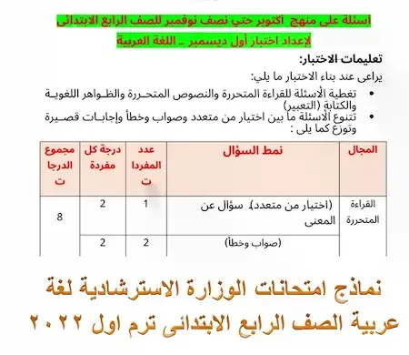 نماذج امتحانات الوزارة الاسترشادية لغة عربية الصف الرابع الابتدائى ترم اول 2022