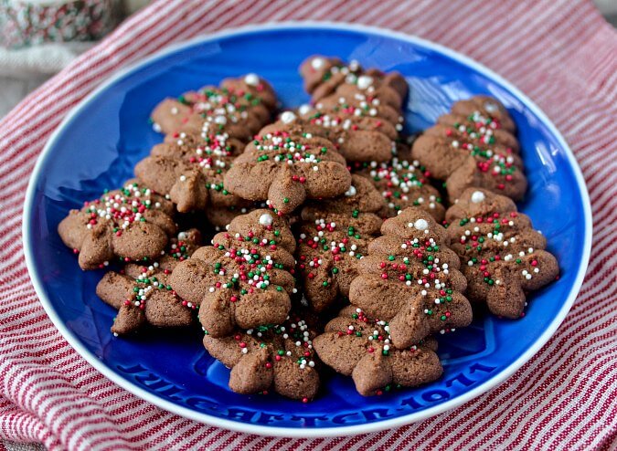 Sprinkle decorated Chocolate Spritz Christmas Tree Cookies