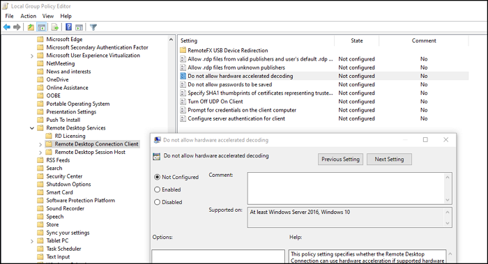 Habilitar configuración de aceleración de hardware Política de grupo RDP