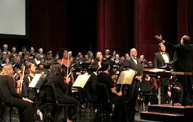 IN PERFORMANCE: (from left to right) Soprano JILL BOWEN GARDNER, mezzo-soprano STEPHANIE FOLEY DAVIS, tenor DANIEL C. STEIN, bass-baritone DAVID ANDERSON WEIGEL, and conductor DR. KEVIN M. GERALDI accepting the audience's applause for UNCG School of Music's performance of Giuseppe Verdi's MESSA DA REQUIEM, 24 February 2017 [Photo by the author]