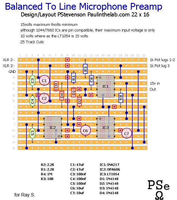 Paul In The Lab Balanced to Line Microphone Preamp VeroBoard Stripboard