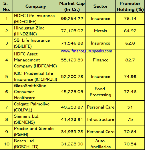 Top 10 Companies with Large Market Cap, Zero Debt and High Promoter