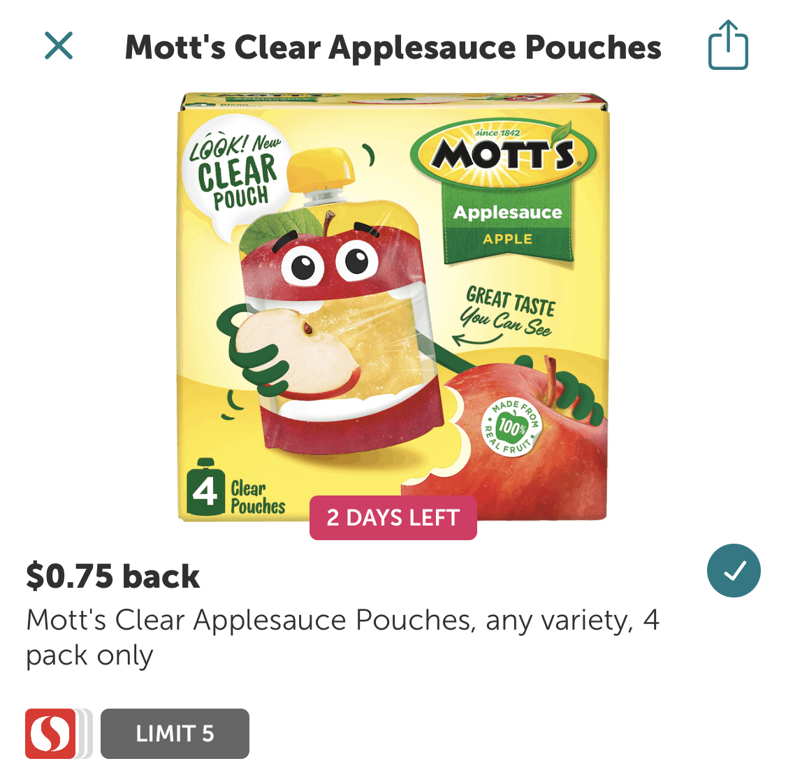 Mott's 4 Pack Applesauce Pouches 1.24 at Safeway
