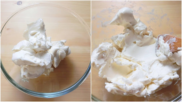 クリームチーズを作業前に常温に戻してやわらかいクリーム状にしておきます。 どうしてもやわらかくなりにくい場合は、電子レンジ加熱（約20秒～30秒）してやわらかくします。