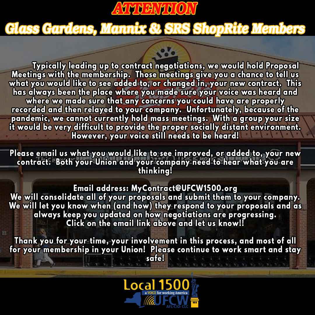 Attention SRS ShopRite, Mannix, and Glass Gardens Members UFCW Local1500