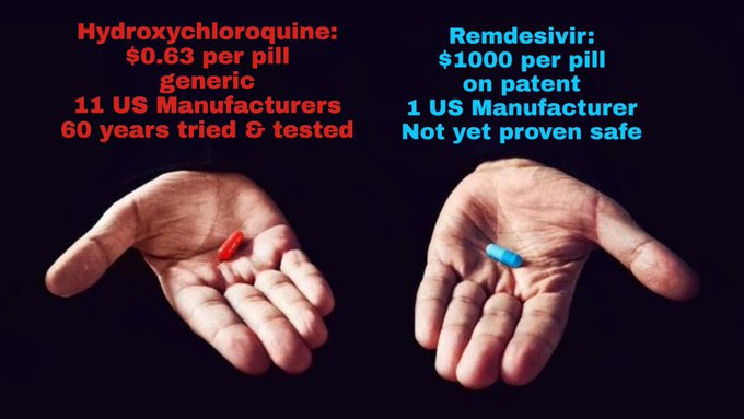 Pilule rouge (Hydroxychloroquine - 18 lettres - 1 + 8 = 9) ou pilule bleue (Remdesivir - 10 lettres et 1000 $ par pilule ou 1) ??? EYkEA8UXgAEP5ZT
