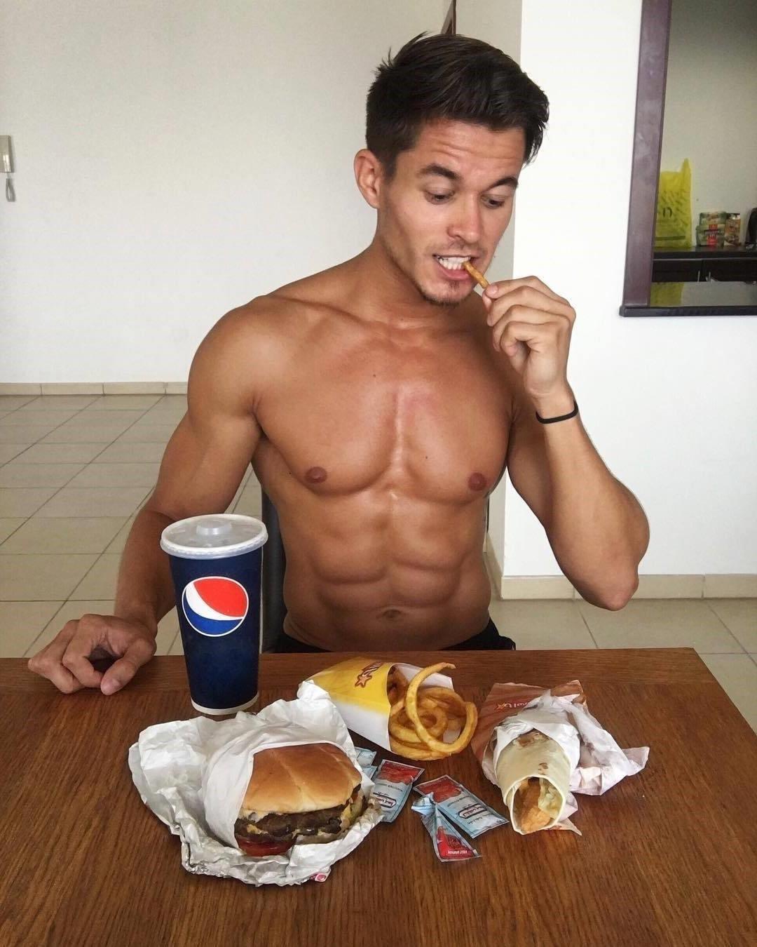 hot-guys-drinking-pepsi-eating-french-fries-fast-food-hunk-shirtless-fit-body-pecs-abs