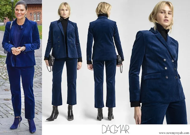 Crown Princess Victoria wore Dagmar Tuva cord suit navy blazer and trousers