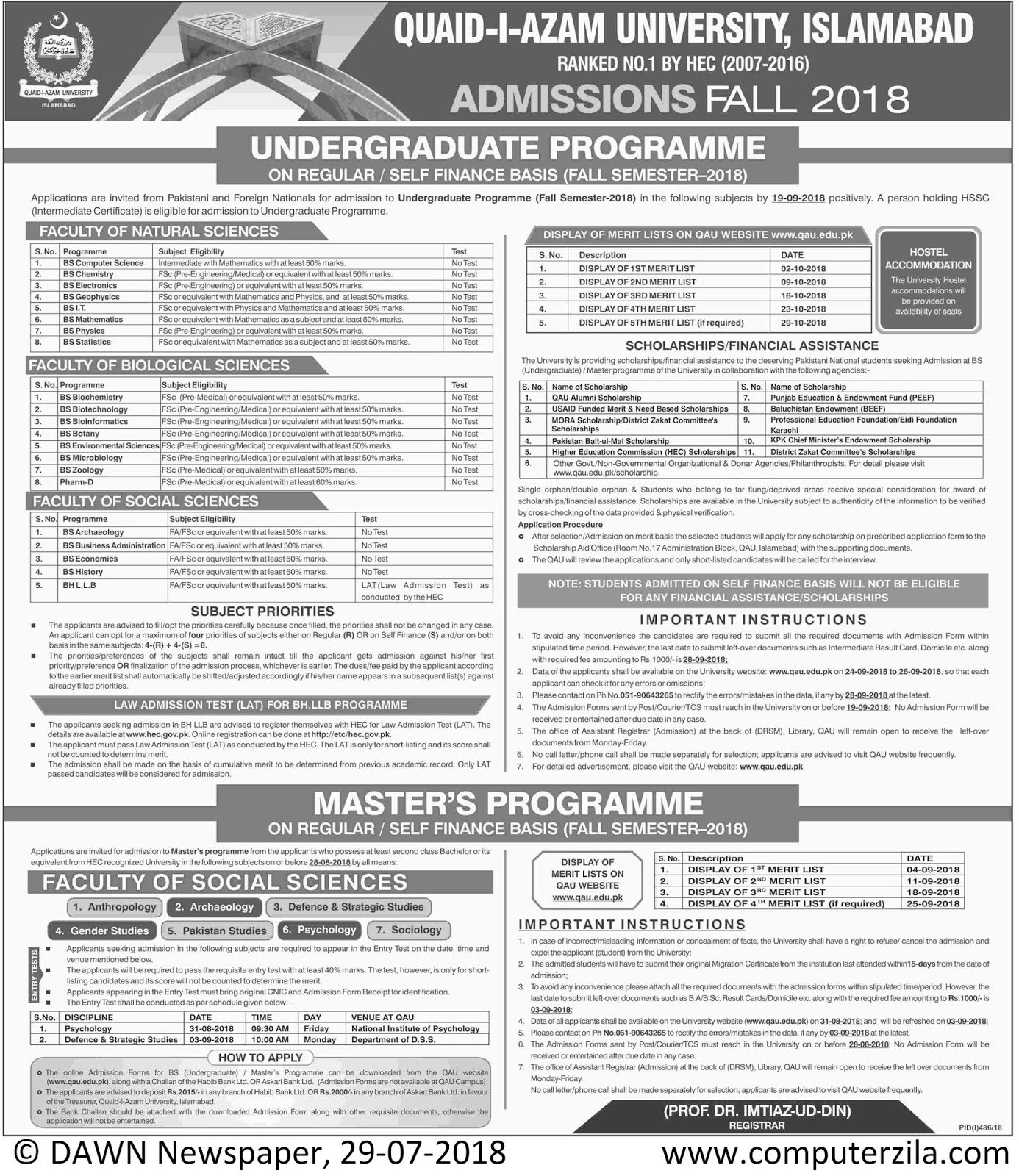 Admissions Open For Fall 2018 At QAU Islamabad Campus