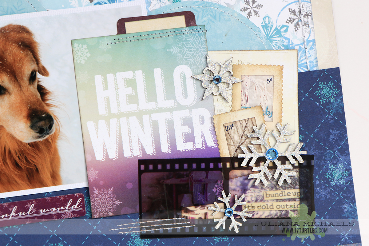Hello Winter Pet Scrapbook Page by Juliana Michaels for BoBunny using the Altitude collection and Leaky Shed Studio Chipboard
