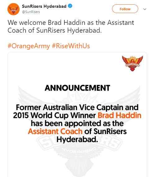 Sunrisers Hyderabad Appoint new Assistant Coach