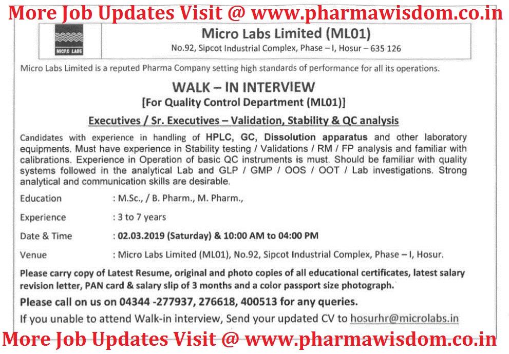 Micro Labs Limited WalkIn Interviews on 2nd March' 2019 for QC & QA