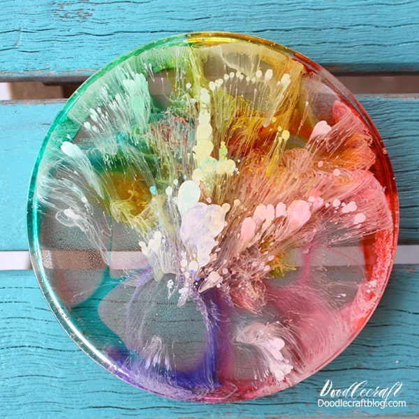 A rainbow ink-drop resin coaster that I made! Finally mastered the  technique! : r/ResinCasting