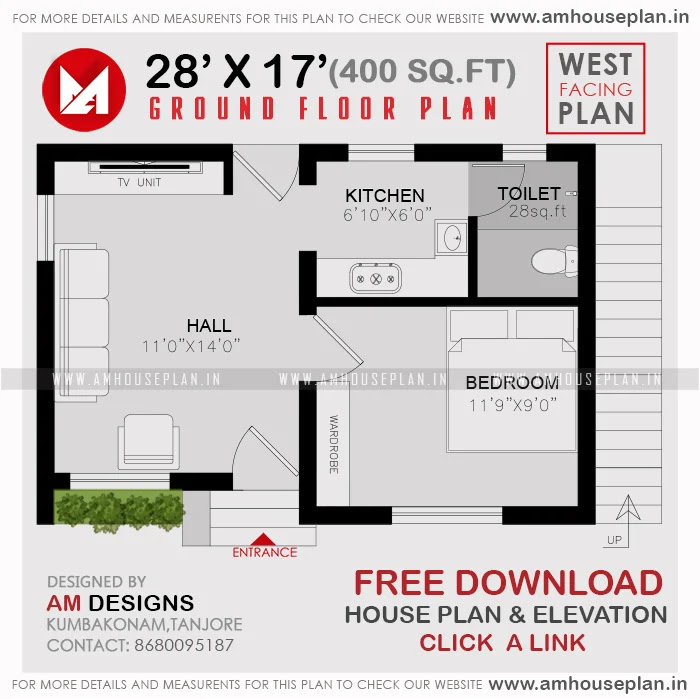 28 X 17 Single Bedroom House Plans Indian Style Under 400 Square Feet