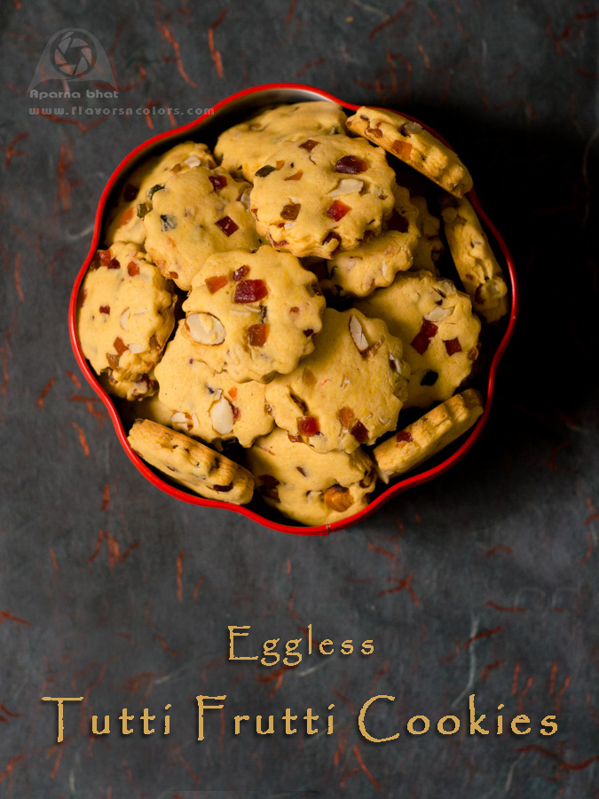 Eggless Tutti Frutti Cookies with Custard Powder Flavors N Colors