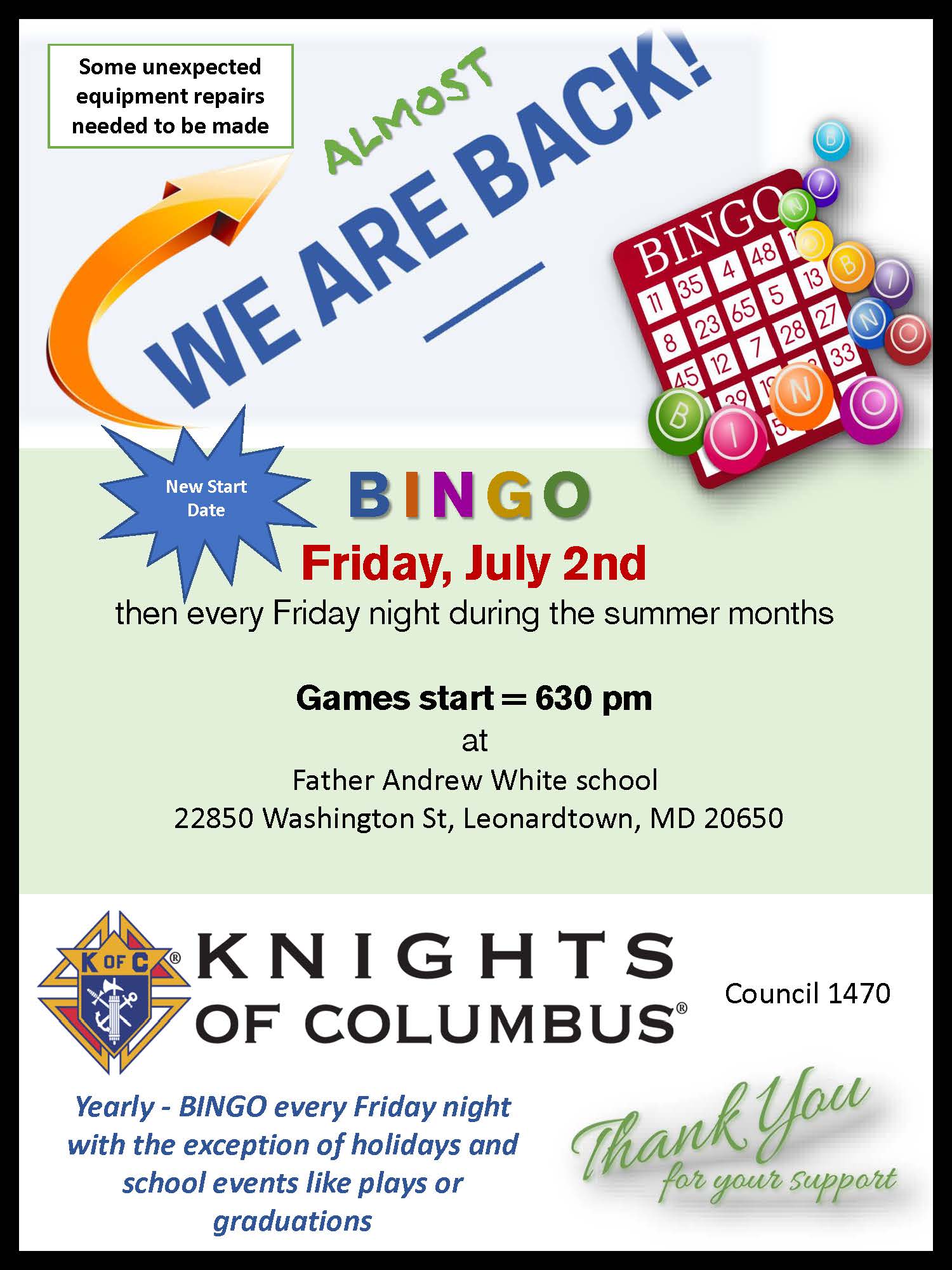 Leonardtown Maryland News BINGO New Start Date Friday, July 2 at 6
