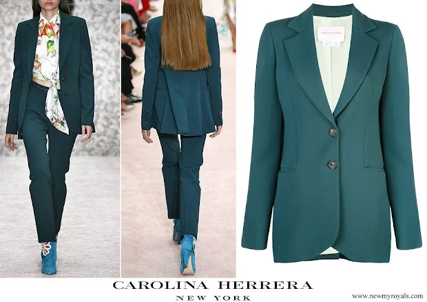 Queen Letizia wore Carolina Herrera Green two-button wool-blend suit blazer