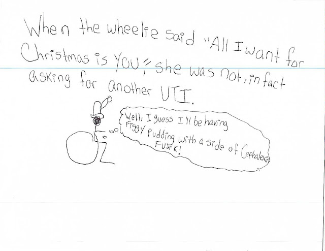 When the wheelie said “all I want for Christmas is you,” she was not, in fact asking for another UTI.    Image of a wheelchair user in a Santa hat saying “Well, I guess I’ll be having Figgy pudding with a side of Cephalexin. Fu*k!”