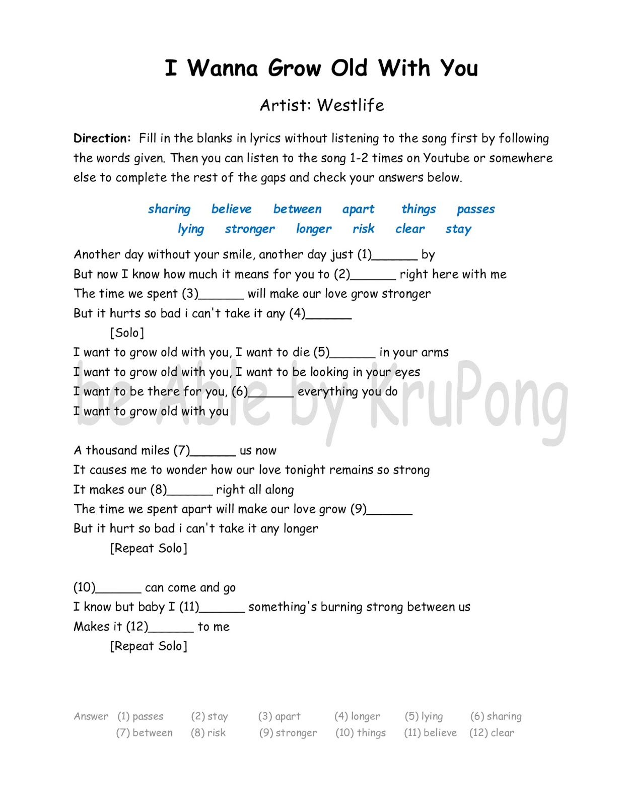 Be Able By คร โป ง I Wanna Grow Old With You Lyrics Worksheet