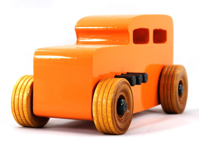 Handmade Wooden Toy Car Hot Rod 1932 Ford Sedan From the Hot Rod Freaky Ford Series Orange & Black