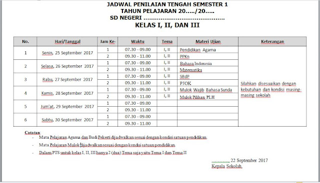 Format Model Jadwal PTS (Penilaian Tengah Semester