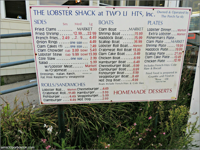 Menú del The Lobster Shack en Two Lights