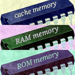 Tre circuiti integrati con scritta cache RAM e ROM