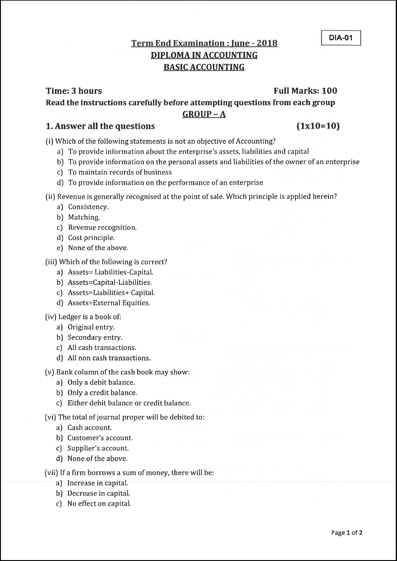 OSPU DIA basic accounting June 2018 Question Paper University