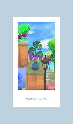 a shot of animal crossing island with the words morgan lucas beneath