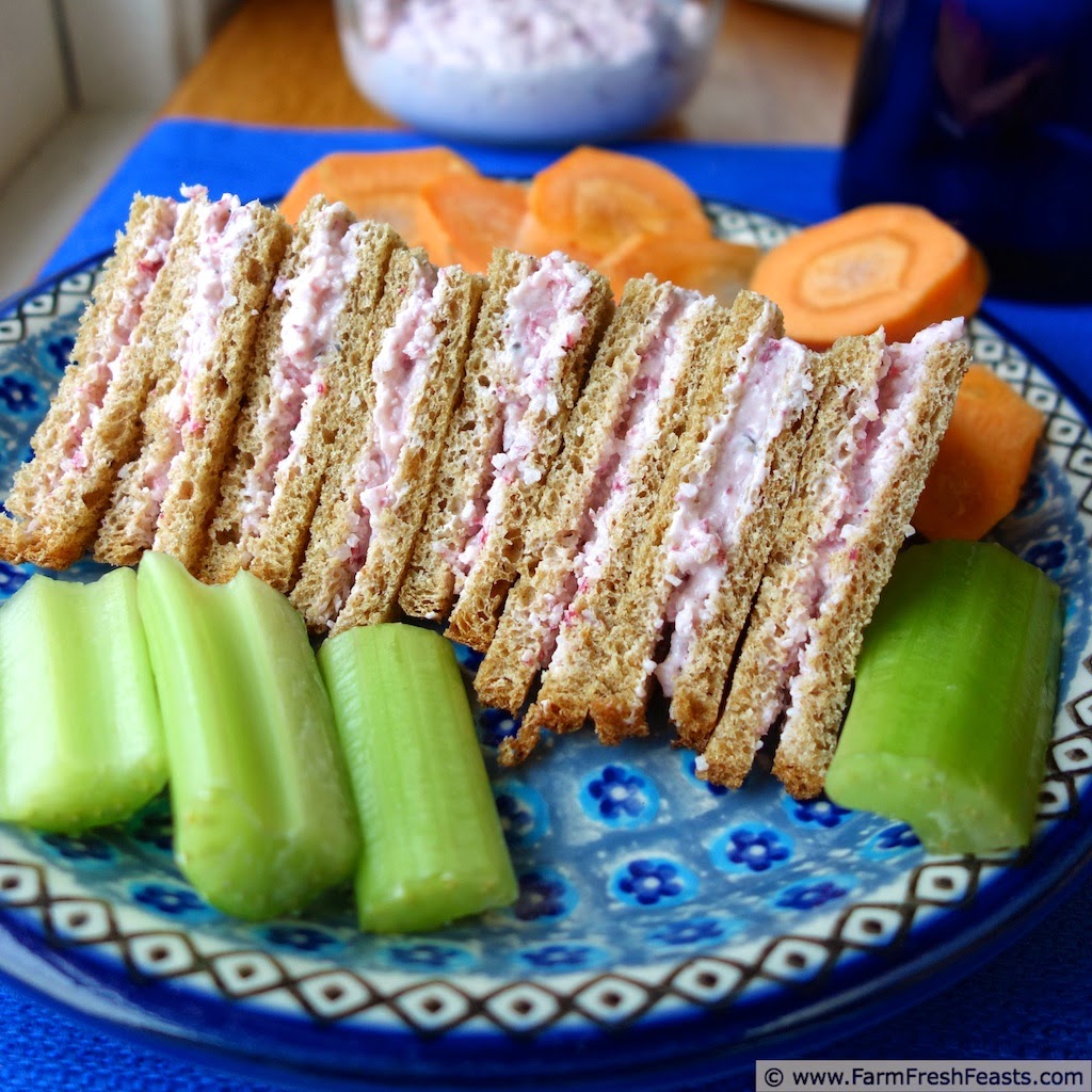 Shredded radishes mixed with cream and goat cheeses for a zesty sandwich spread.