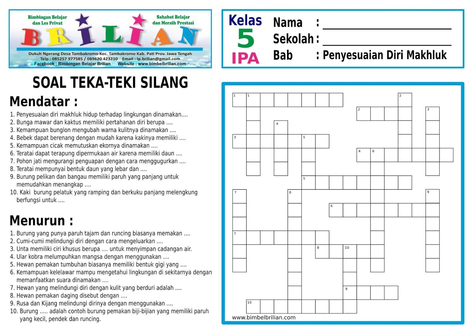 Soal Teka Teki Silang Tts Sd Kelas 5 Bab Penyesuaian Diri Makhluk Hidup Adaptasi Bimbel Brilian