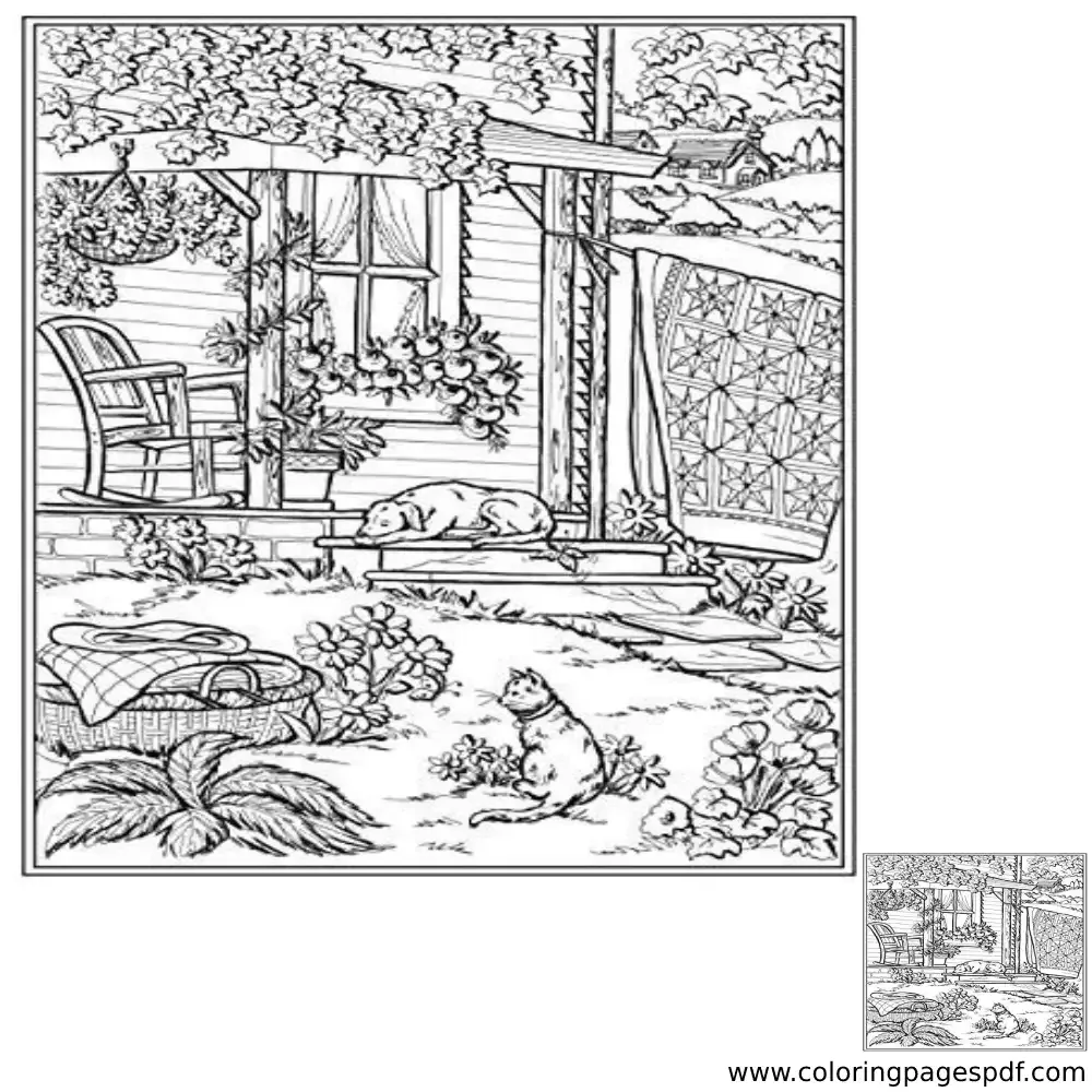 Coloring Page Of A Dog And A Cat In The Backyard