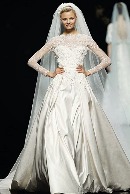 Bateau Neck Lace bodice With Long Sleeves Satin A Line Wedding Dress