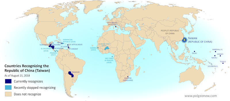 Map of who recognizes Taiwan (what countries recognize the Republic of China) in August 2018. Marks countries that have cut diplomatic ties with Taiwan (withdrawn recognition) in the last ten years: El Salvador, Burkina Faso, the Dominican Republic, Panama, Sao Tome and Principe, and the Gambia. Also answers question: Where is Republic of China located? (Colorblind accessible)