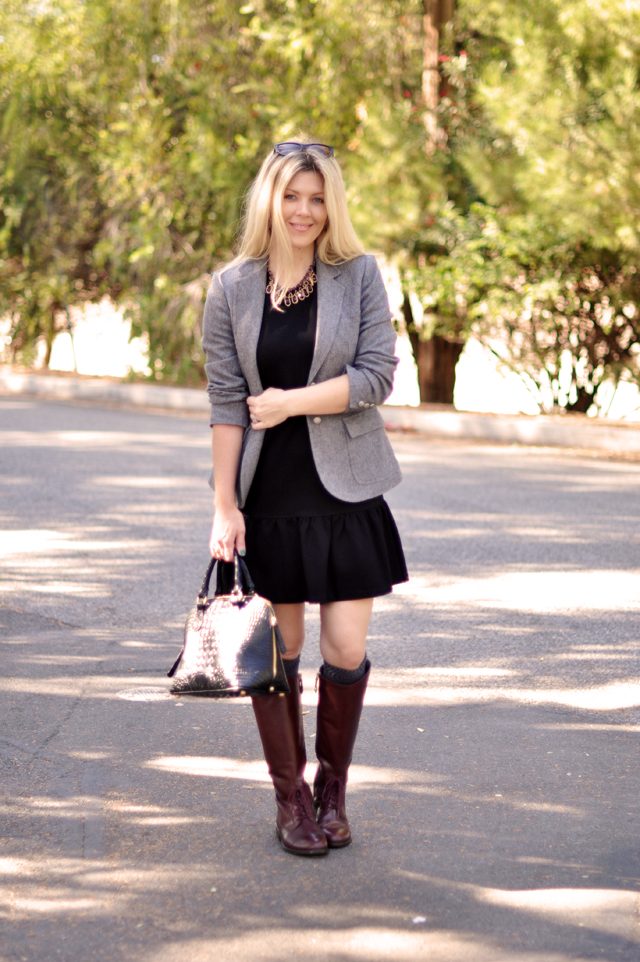 drop waist dress, vintage blazer, oxblood riding boots