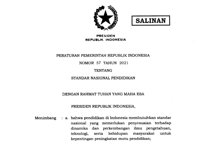 Peraturan Pemerintah Nomor 57 Tahun 2021 Tentang Standar Nasional Pendidikan Dadang Jsn