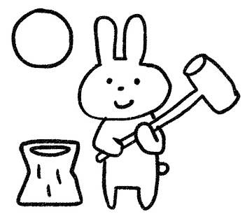 お月見とウサギのイラスト「餅つきうさぎ」 白黒線画