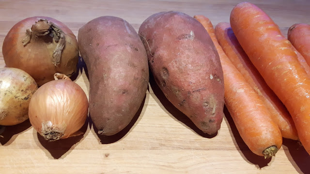 sweet potato, garlic, carrot, onions