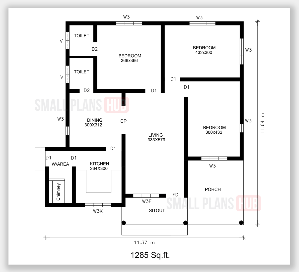 1285 Sq.ft. or 119.42 Sq.m.Three Bedroom Single Floor House Plan Under ...