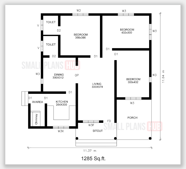 3 bedroom 1285 sq.ft. ground plan