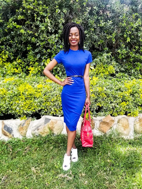 A Blue Bodycon Dress With Sneakers Outfit