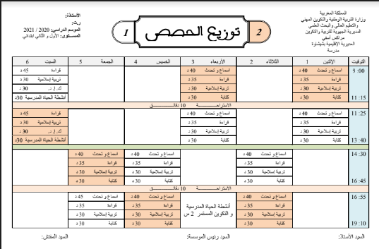 استعمالات الزمن بصيغة التناوب للموسم 2020-2021 بالعربية لجميع مستويات الابتدائي
