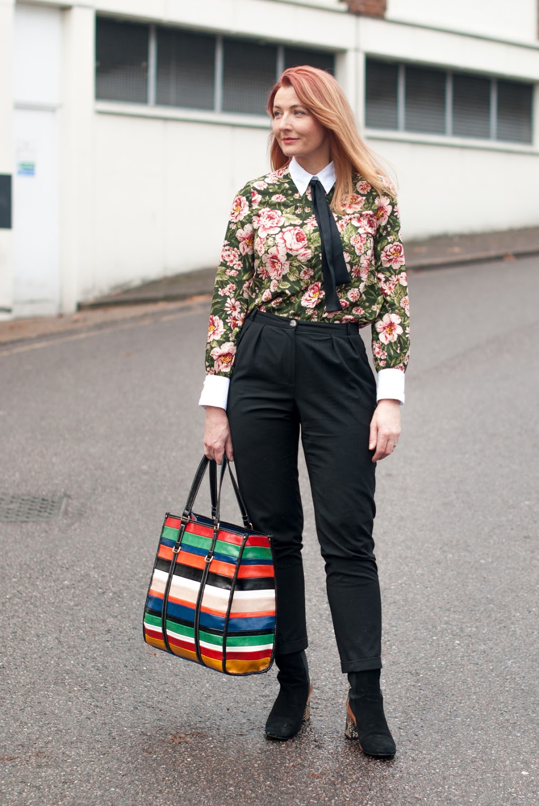 A masculine/feminine floral blouse with contrasting cuffs and black neck tie with black peg leg tapered trousers pants Finery two tone suede and leopard ankle boots multi-coloured striped Mango shopper bag | Not Dressed As Lamb, over 40 fashion