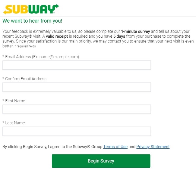 subway survey for free drink