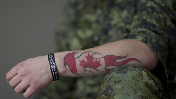 Canadian Flag Tattoo On Hand Writing Tattoo